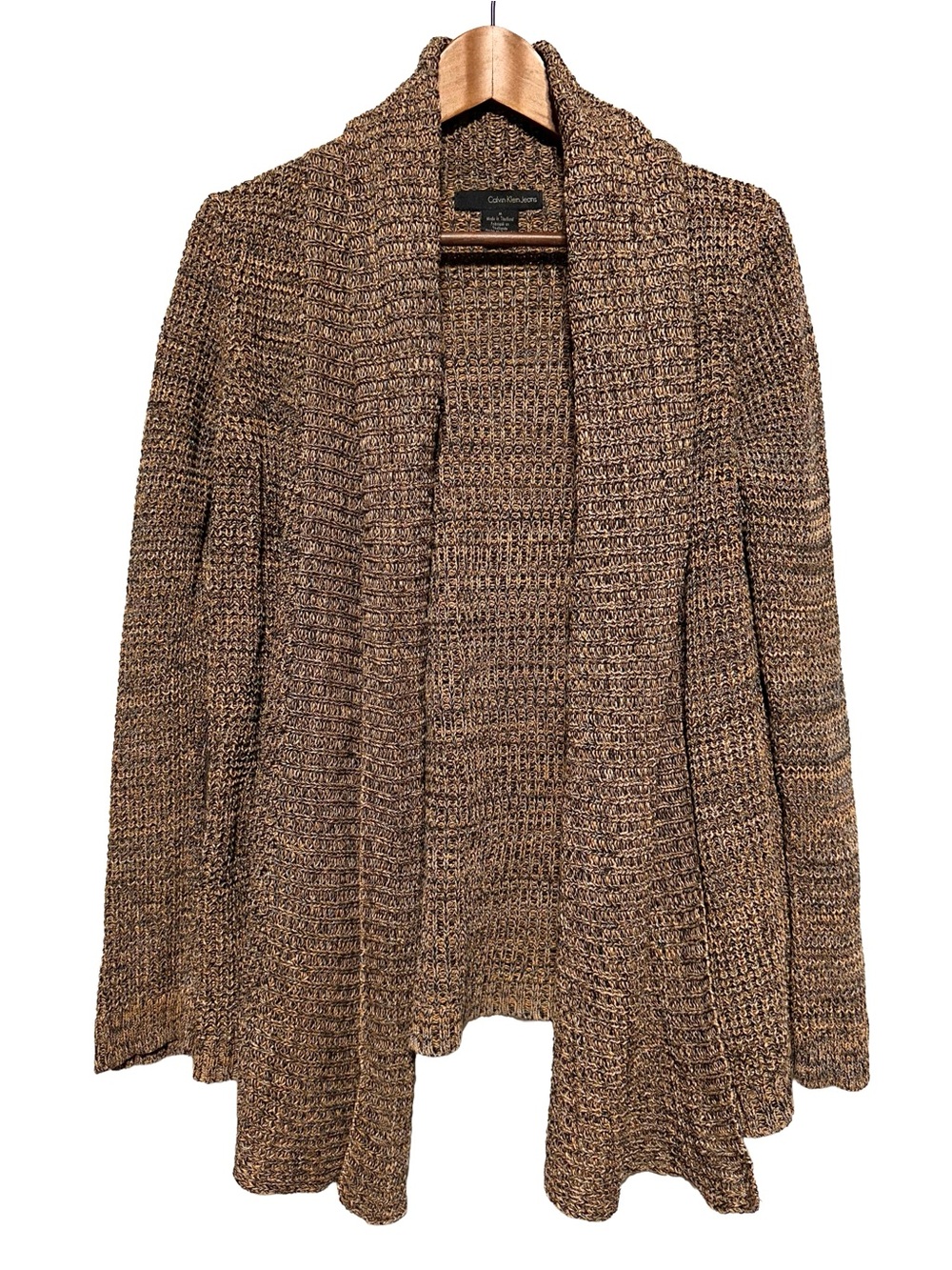 Calvin Klein Jeans Marled Shawl Collar Open Front Cardigan Brown Cream M